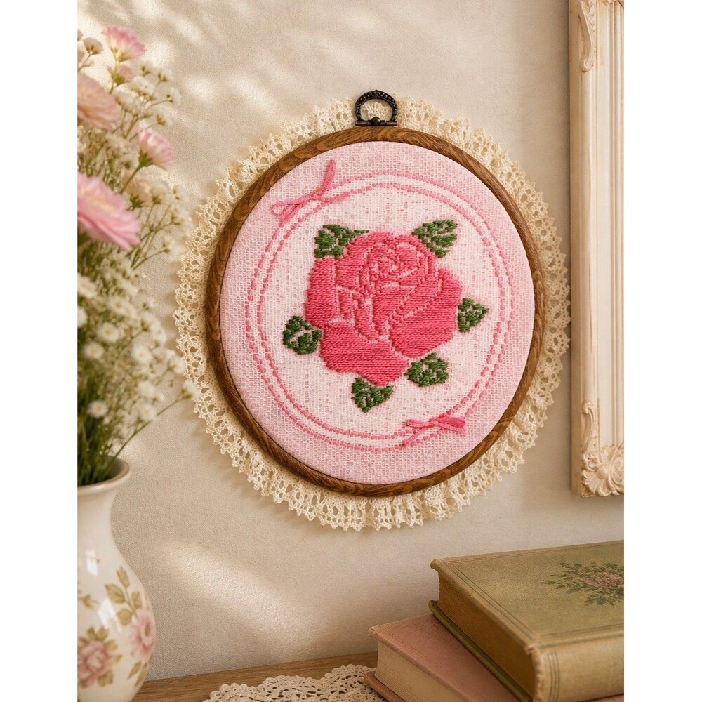 Vintage Hand Embroidered Cross Stitch Rose Lace Hoop Wall Art 9” Cottagecore